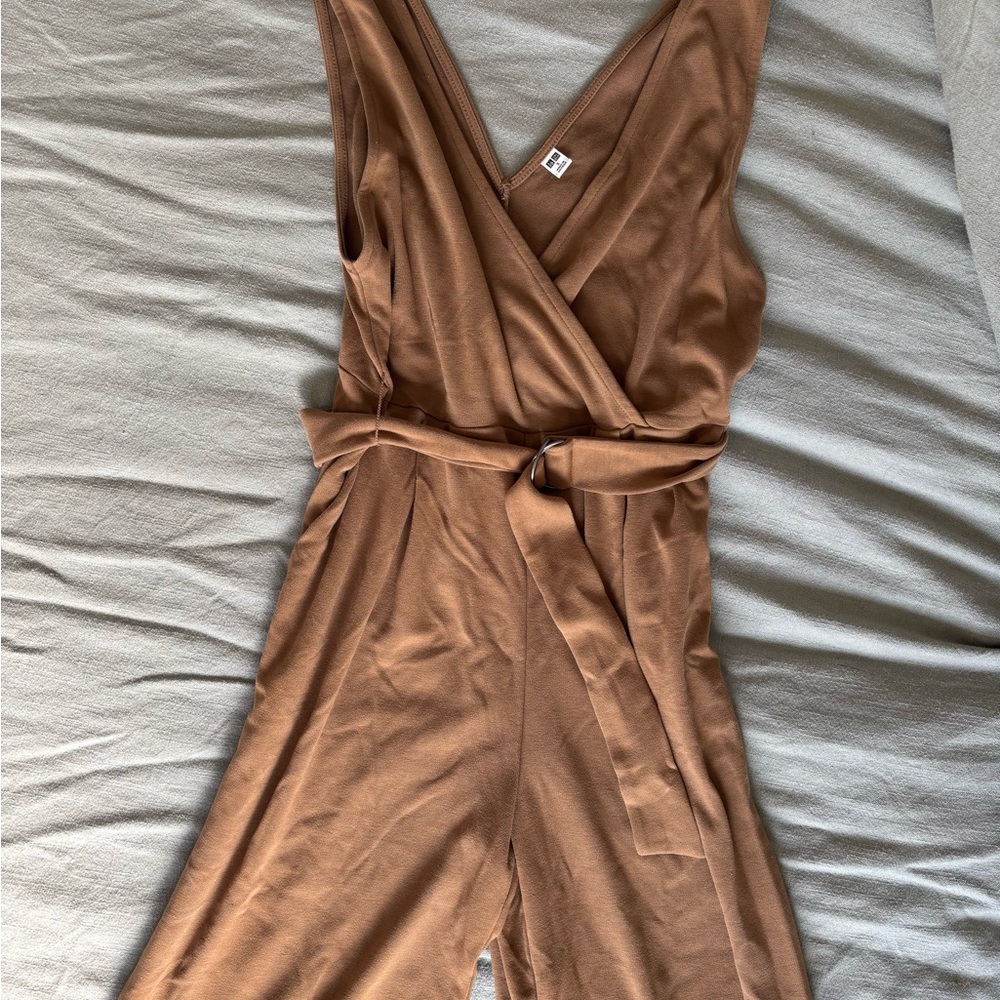 Uniqlo Tan Wrap-Style Jumpsuit with V-Neckline